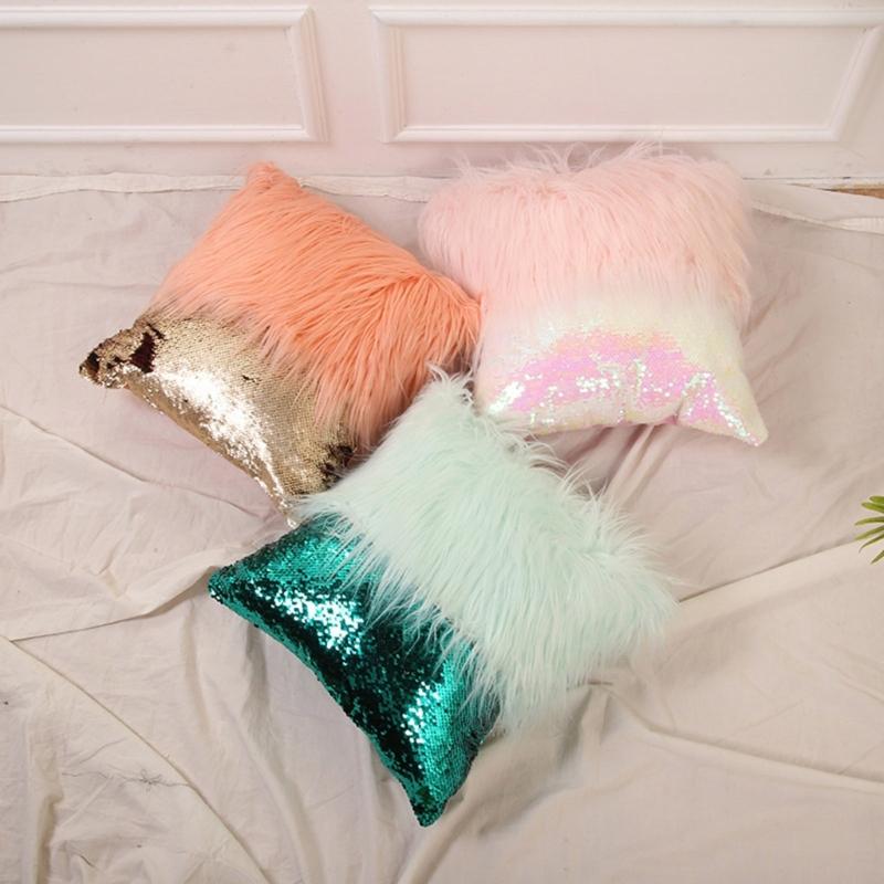 Fashion Long Furs Sequins Patchworks Decorative Cushions Cover Bling Embroidered Square Pillow Cover Cushions Case