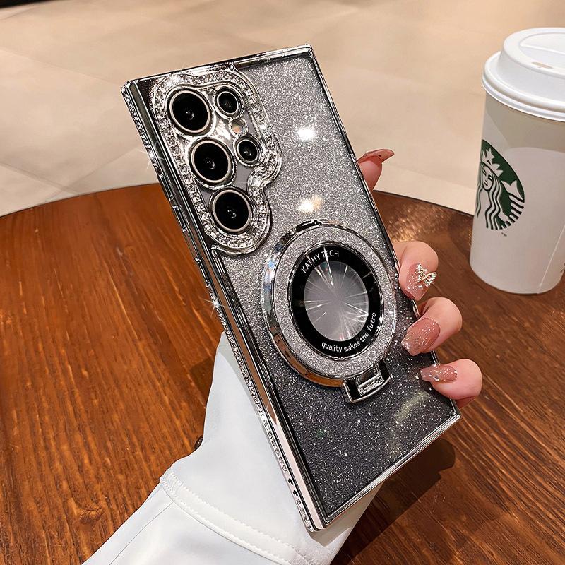 Suitable for Samsung S24ultra Mobile Phone Case S23 Rhinestone Magnetic Bracket S22 Advanced Sense Anti Fall Flashing Powder