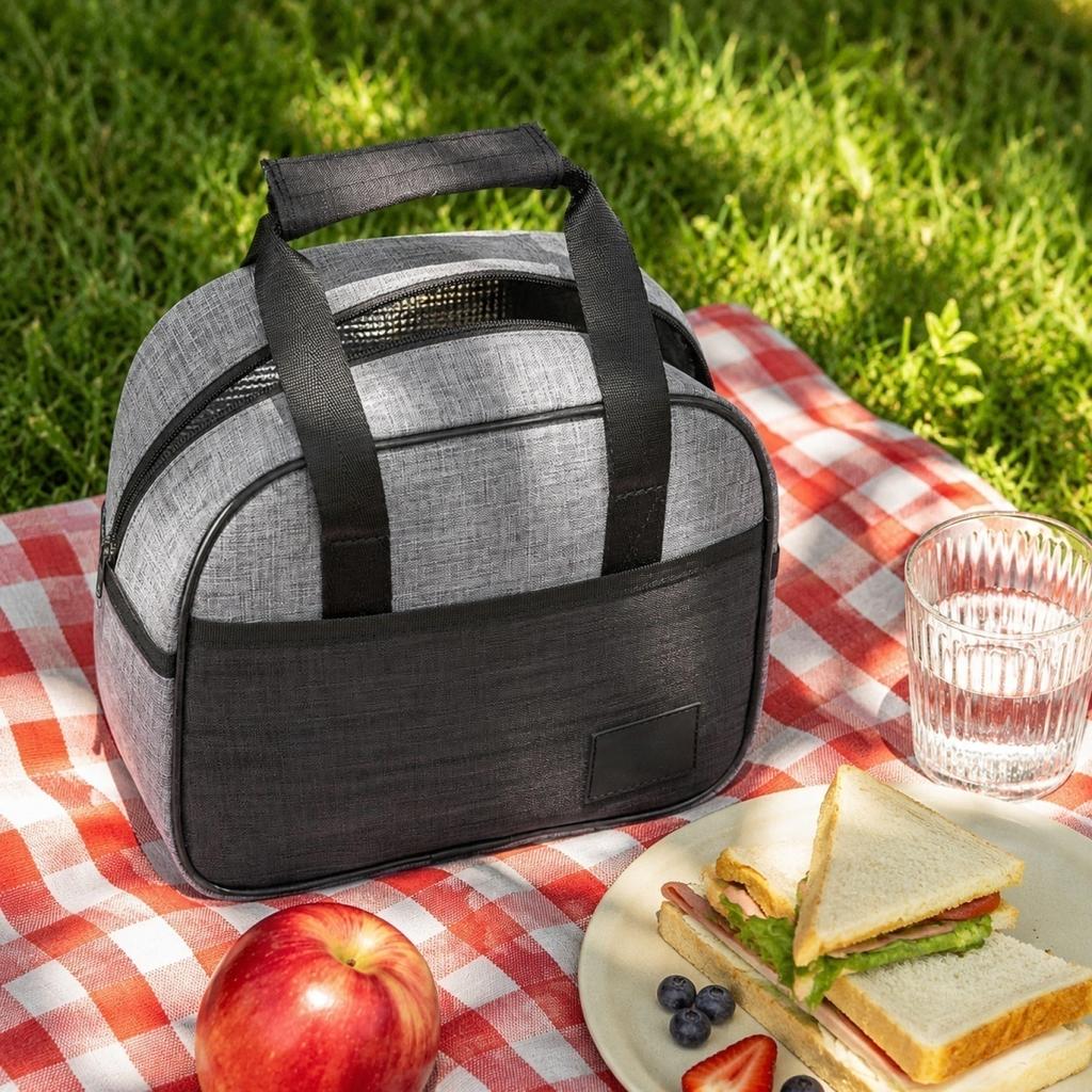 Oxford Fabric Portable Handheld Lunch Bag Insulated Cooler Bag with Front Pocket and Dual Handles for Food Storage and Transportation