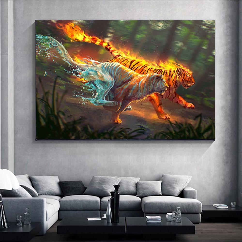 Fantasy Animals Water Fire Elemental Fusion Prints Poster Canvas Painting Modern Wall Art Picture Living Room Bedroom Home Decor