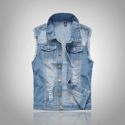 Large Size Korean Version of The Slim-fit Trend Men's Denim Vest Men's Light Blue Vest Waistcoat Ripped Denim Vest