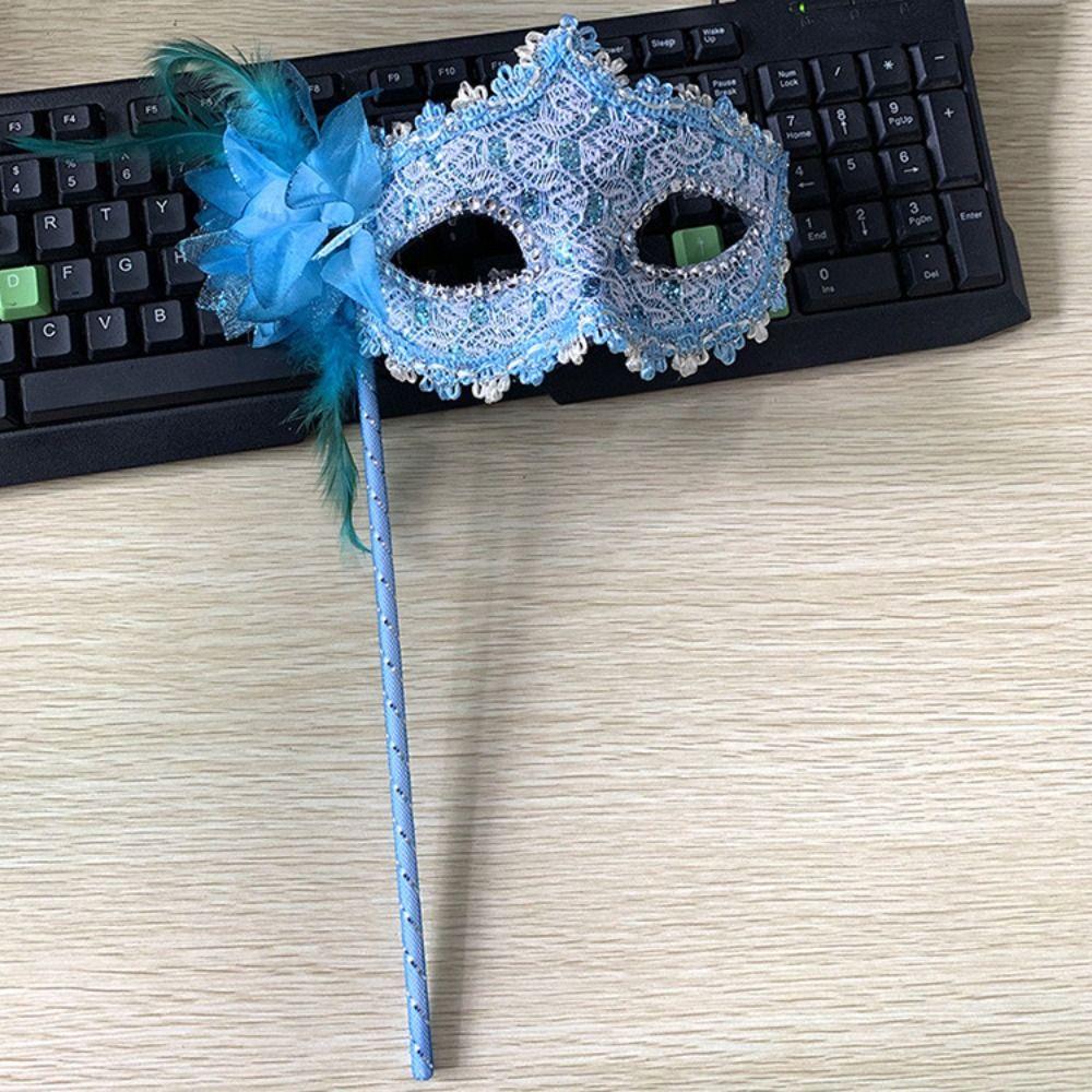 Venetian Party Handheld Masquerade Masks Carnival Party Festival Costume Party White Lace Veil Feather Stick Side Flower
