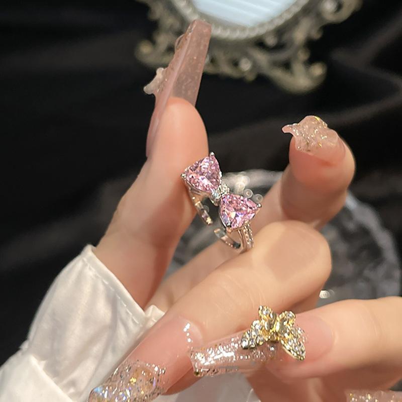 New Arrived Romantic Lovely Pink Bowknot Design Female Exquisite Jewelry Ring with Micro Bow Tie Zircon for Party and Dating
