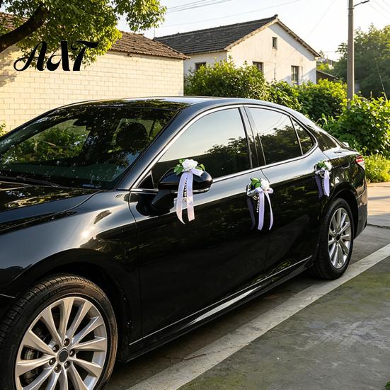 Romantic Wedding Car Decor Artificial White Rose Decoration, Door Handle & Rearview Mirror Flower Bouquet All Weather Set with Satin Ribbon