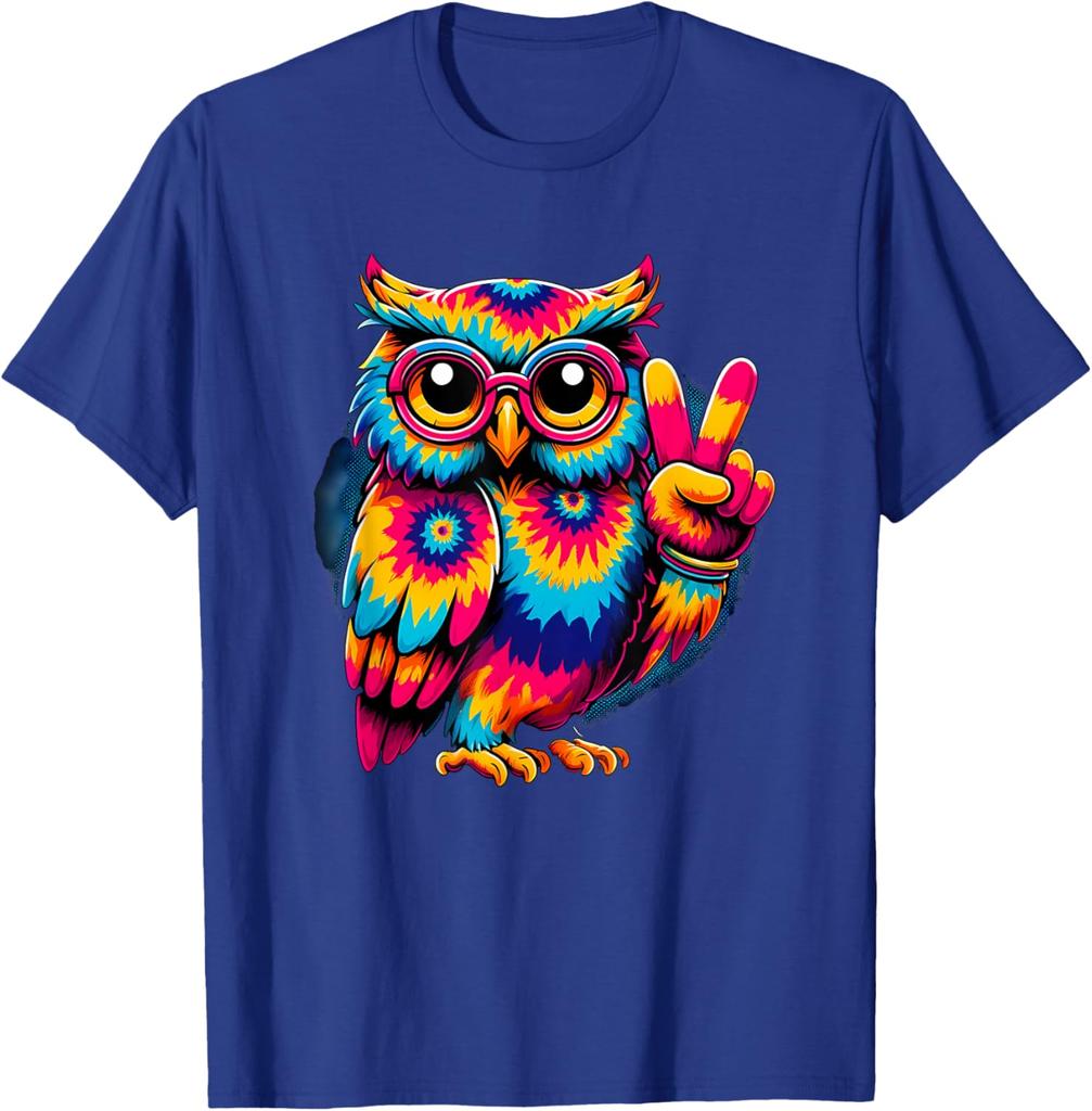 Tie Dye Peace Sign Owl Graphic Tee Men's Casual Breathable Cotton T-Shirt Trip Wear