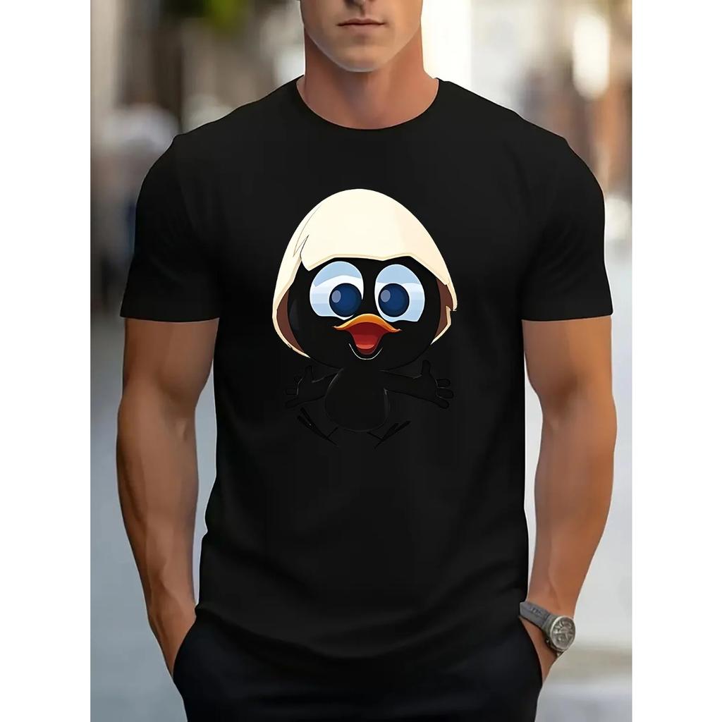 Men's Summer 100 Cotton Fashionable Casual Sports Loose and Interesting Cartoon Penguin Pattern Printed Round Neck Short Sleeved T-shirt