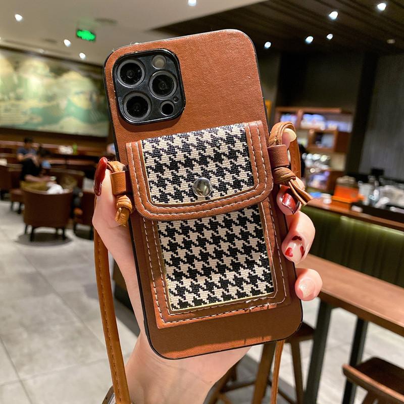 Applicable To Iphone13 Oblique Strap Insert Card Mobile Phone Case Plaid Change Card Bag Function Leather Case Protective Case XRXS