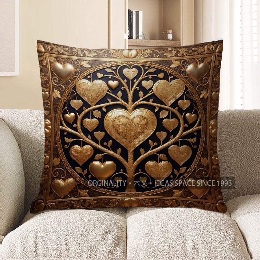2D Gilded Heart Patterns Decorative Pillow Covers Pattern Cushion Cover Suitable For Sofa Bedroom Car Pillow Cover