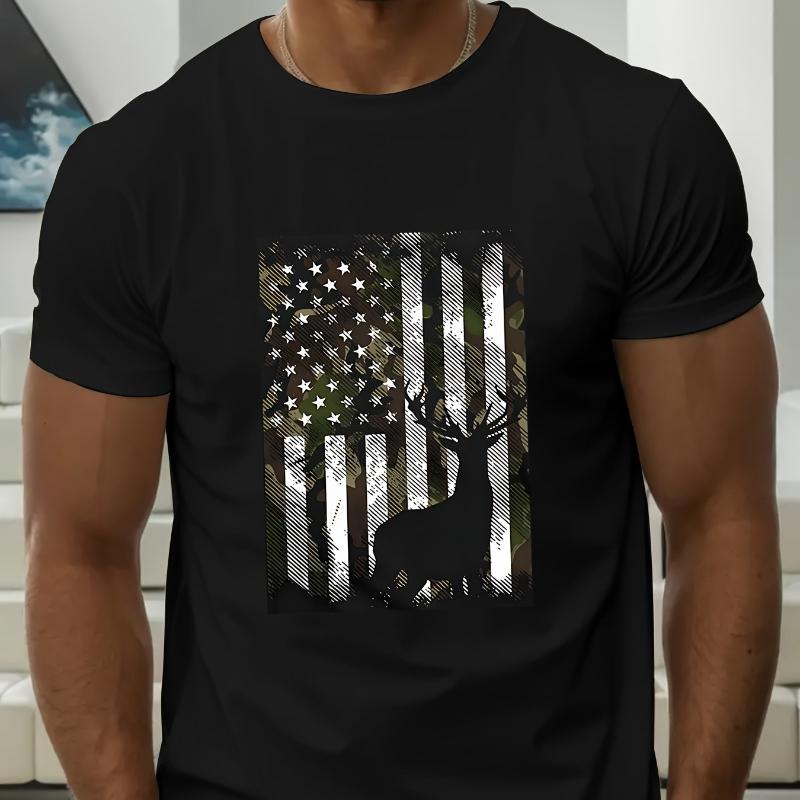 

Camouflage American Flag With Deer Silhouette Print T-Shirt,Lightweight T-Shirt Breathable Cool, Comfortable Wear XXL чорний