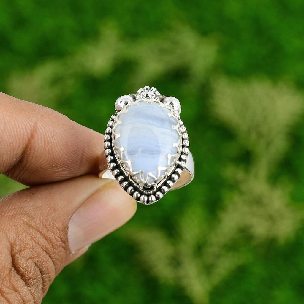 Blue Lace Agate Gemstone 925 Silver Unique Bezel Statement Sister Ring Jewelry