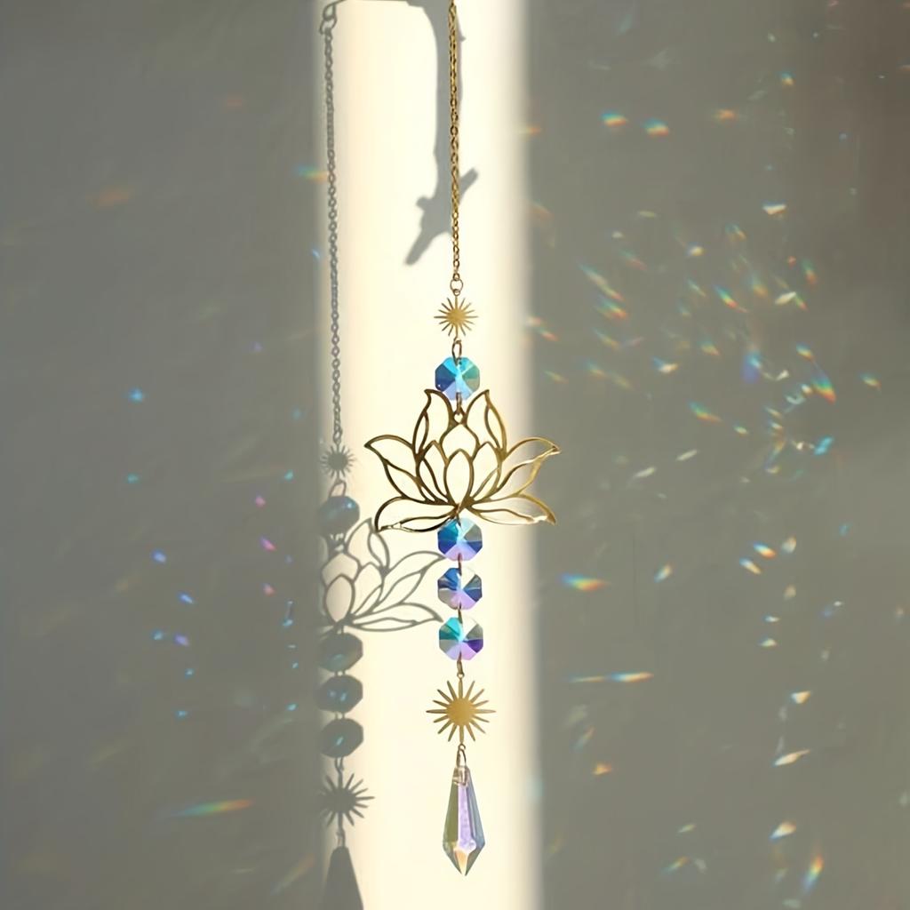 1PcMetalLotusandArtificial Crystal Suncatcher Charm Handmade Applicable Home Wind Chime Pendant Outdoor Garden Plant Decoration