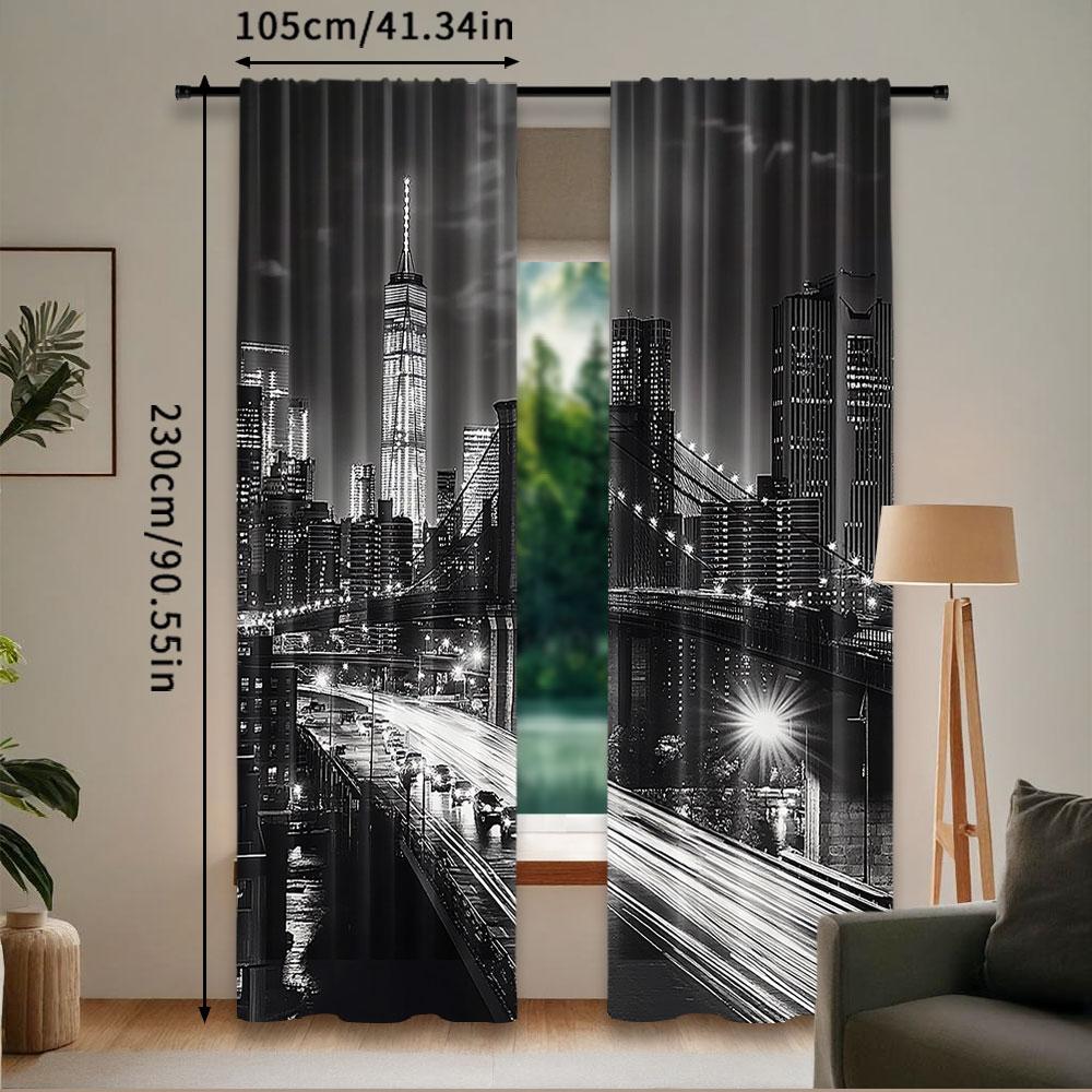 2 szt. Czarno-biała zasłona Scena nocna Nowy Jork Życie miejskie Brooklyn Manhattan Odpowiednia do sypialni salonu jadalni