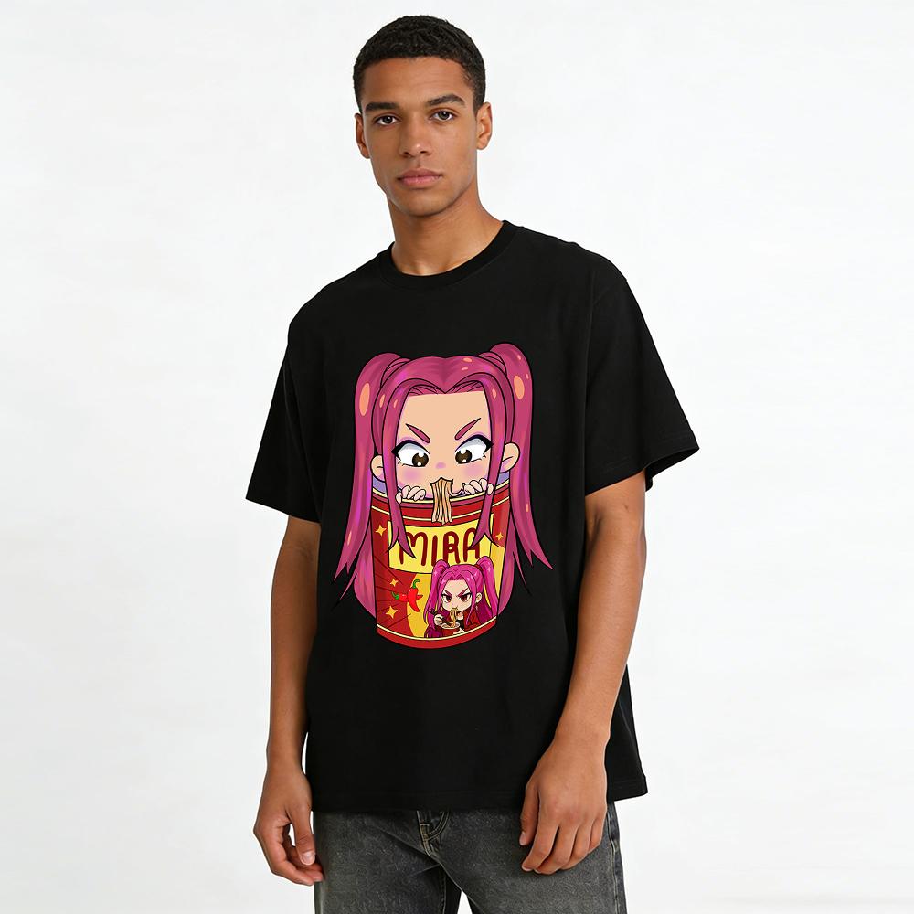 Spicy Girl Mira Cup Noodle Funny Print Top Trendy Anime Style Loose Casual Unisex T-Shirt Pure Cotton T-shirt