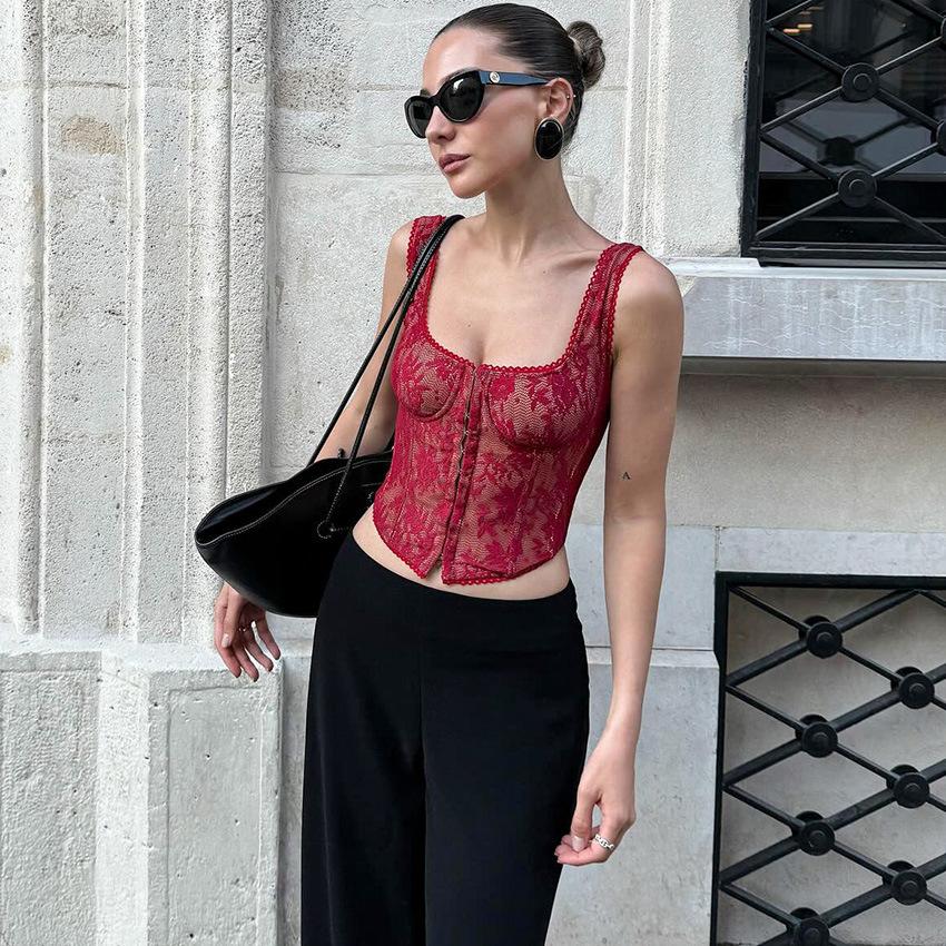 

Purely Alluring Lace Camisole For Women European And American Fashion New Spring/Summer Trendy Sexy Elegant Top L червоний