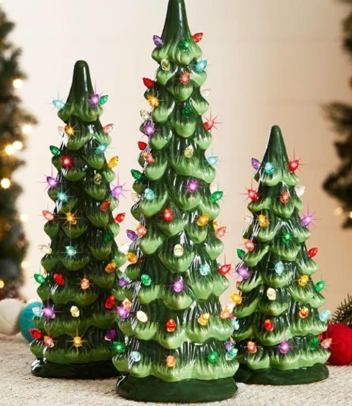 Ceramic Christmas Trees, Pre-Lit Hand-Painted Tabletop Holiday Decoration w/Multicolor Bulbs, LED Lights – Green J0MC