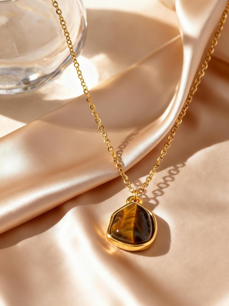 Collier Pierre Naturelle Œil de Tigre pour Femmes Acier Inoxydable Plaqué Or Collier avec Pendentif Pierre Géométrique Bijoux Esthétiques Cadeau