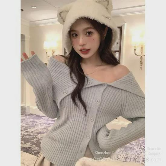 Women's Off-Shoulder Cardigan - Autumn/Winter, Live Color Core-Spun Yarn, Long Sleeve, 270g