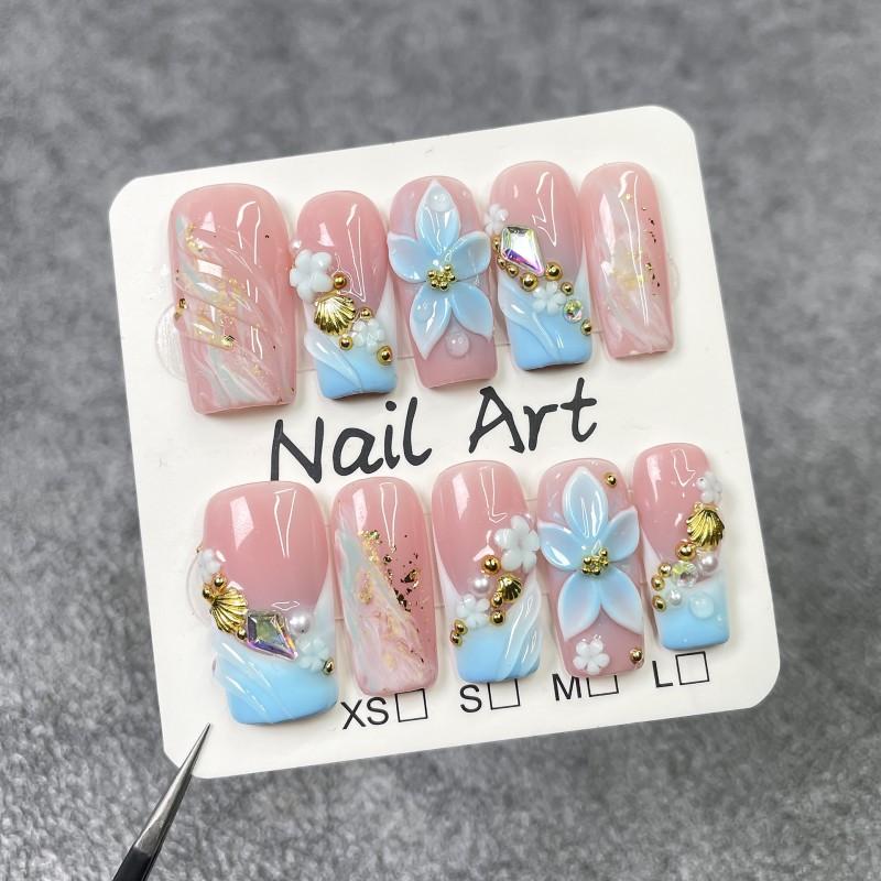 Handcrafted Press-On Nails With 3D Floral Shell Embossing Blue Pink Gradient French Tip Irregular Ombre Design Medium Length Small