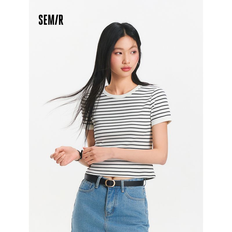

[Same Style with Mall] Senma Short sleeve T-shirt Women Short Tight Slimming 2025 New Summer Cool Feeling Contrast Color Top Black 90001 160/84A/M