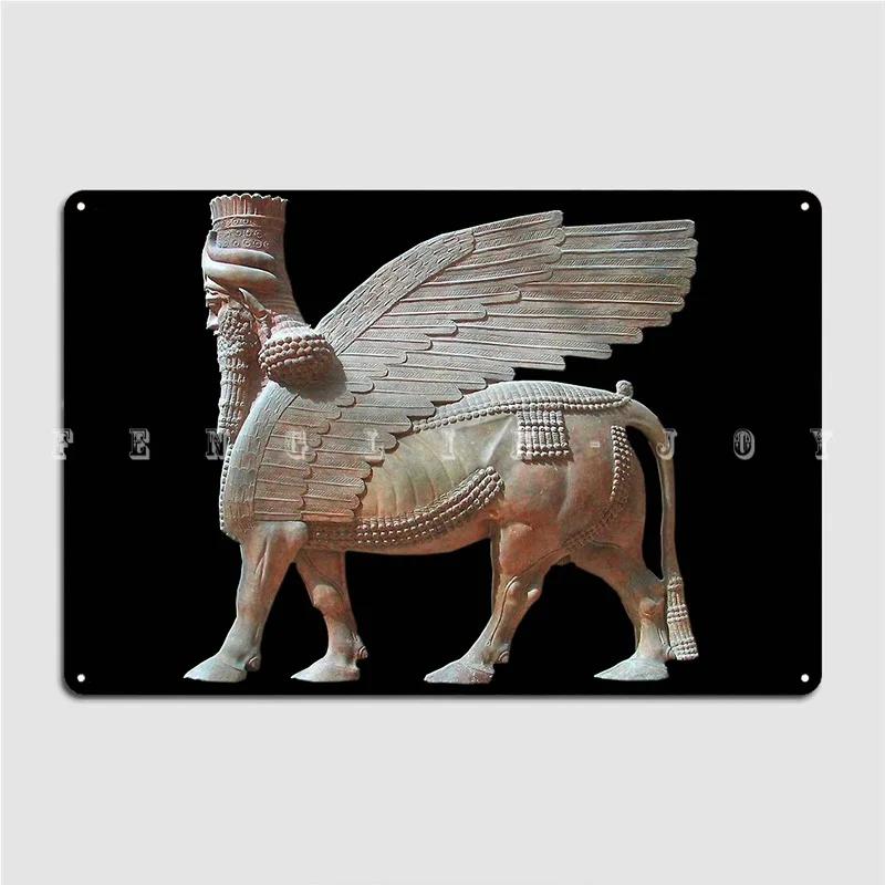 

Assyria Assyrian Human Headed Winged Bull Lamassu Statue On Black Poster Metal Plaque Wall Cave Wall Decor Tin sign Posters 20x30cm