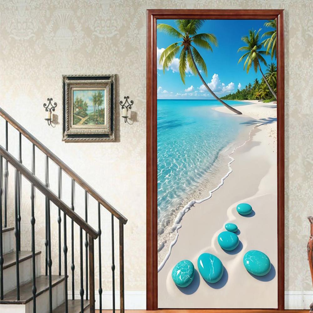 1pcs Porch Beach Scenery Shell Vinyl Door Sticker For Bedroom Home Decor Self Adhesive Removable Wall Decal Door Renovation Waterproof Poster