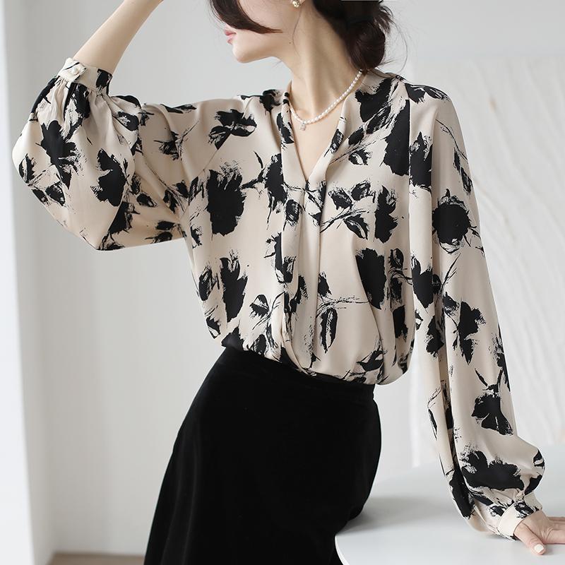 French Retro Ink Printed Satin Shirt Women Spring Autumn New Niche V-neck Long Sleeve Pullover Puff Sleeves Top M-3XL