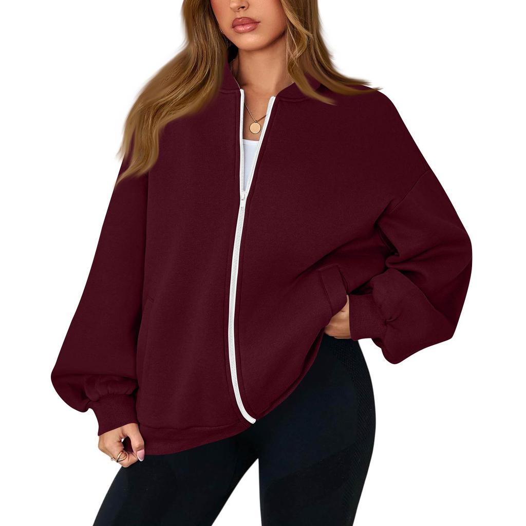 Women's Fashion Long Sleeve Color V-Neck Loose Oversize Zipper Jacket