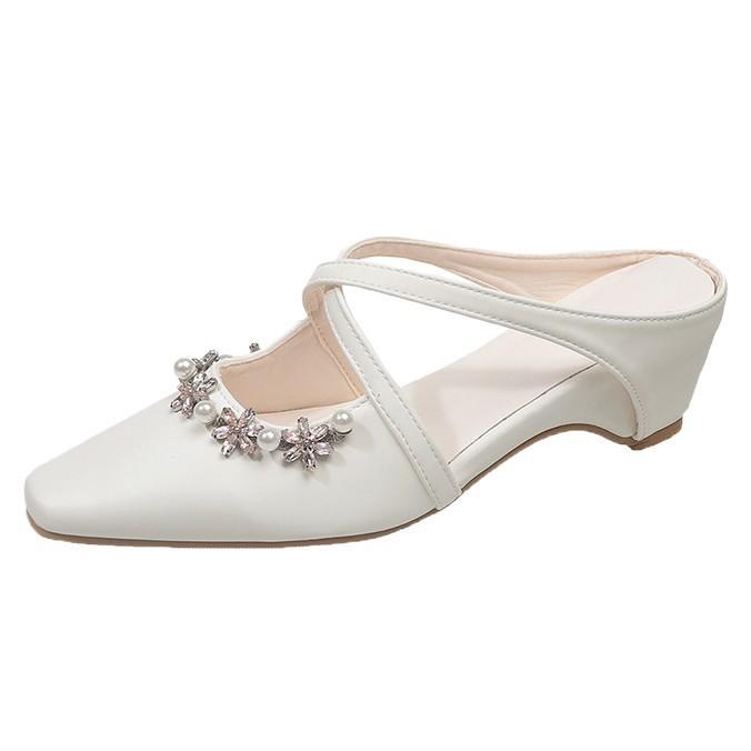 French Skirt Inner Women's Summer Bag Head Slippers Beautiful Pearl Cross Pedal Height Increase Wear with Muller Sandals