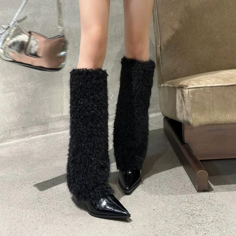 Fashion Design Style High Heels Women Knee-High Long Boots Pointed Toe Furry Ladies Long Booties Hottie botas de inverno feminina