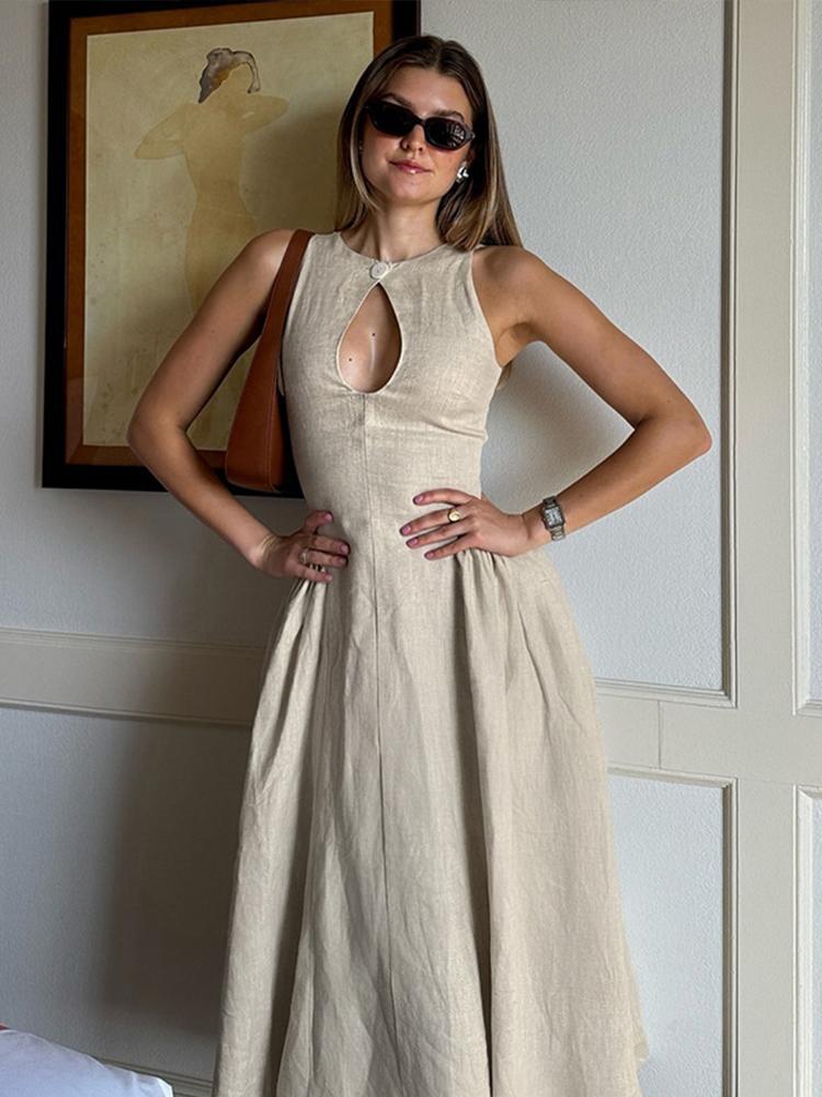 Hollow Out Pleated Single Button Lady Mid Women Dresses Sleeveless Summer A Line Female Party Robes