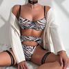 Sexy Zebra Print Mesh Lingerie Set with Neck Choker – European & American Style, Comfortable 4-Piece.