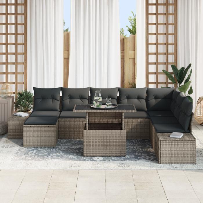 VidaXL Ensemble de canapé de jardin de 9 pièces avec coussins en poly rattan gris 3349235