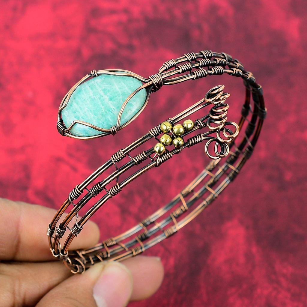 Amazonite Gemstone Cuff Bracelet Copper Wire Wrapped Bangle Handmade Copper Jewelry Adjustable Cuff Unique Bangle Wire Wrap Jewelry For Gift
