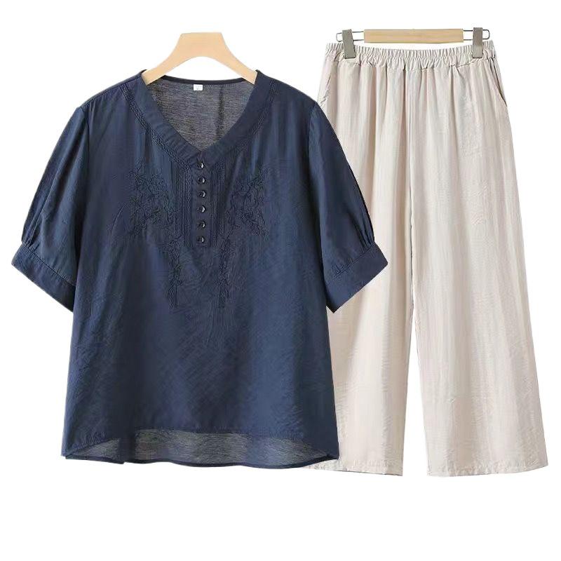 Women's Tencel Linen Embroidered Short-Sleeve Top & Pants Set for Summer - Middle-Aged Mother's Style.
