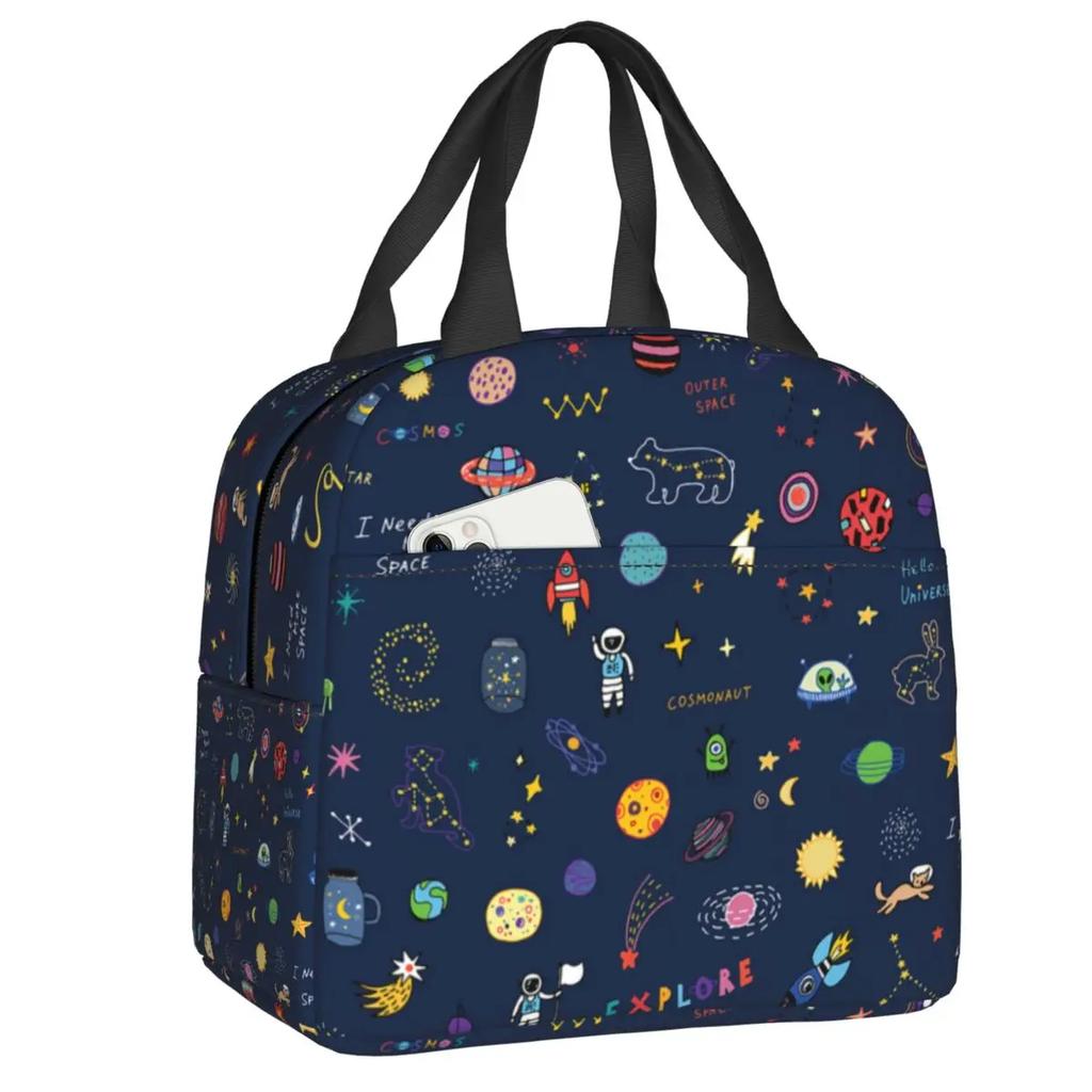 Cartoon Space Planet Rocket Thermal Insulated Lunch Bag Women Astronaut Spaceship Portable Lunch Box for Kids School Food Bags
