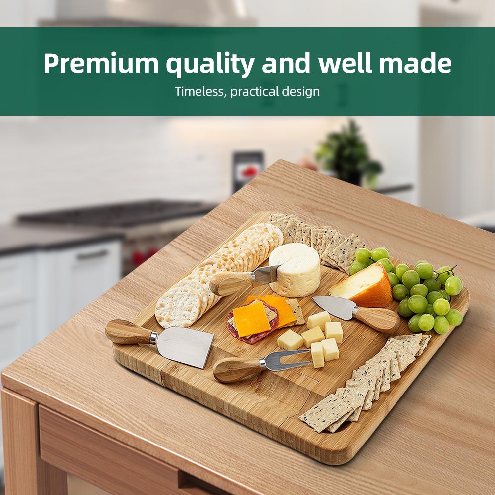 Charcuterie Boards Gift Set with 4 Cheese Knives Large Square Bamboo Cheese Boards with Hidden Utensil Drawer Partition Food Sto