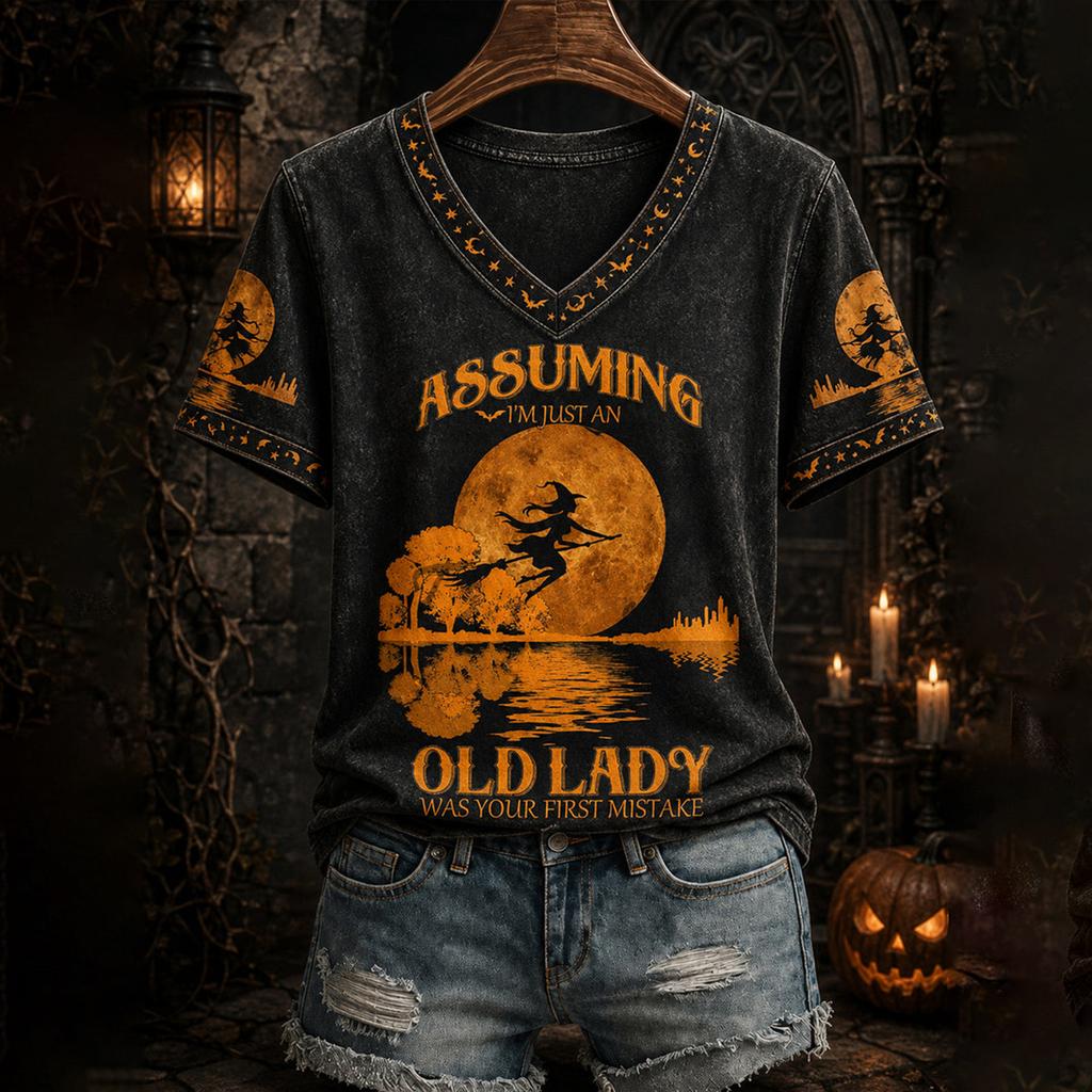 Women's Casual V-Neck Short Sleeve T-Shirt with Halloween Print and Shoulder