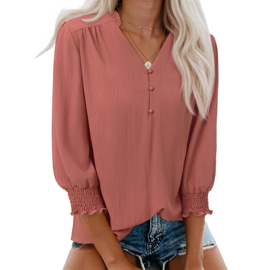 Women's Casual Fashionable V-Neck Blouse With Elasticated Cuffs