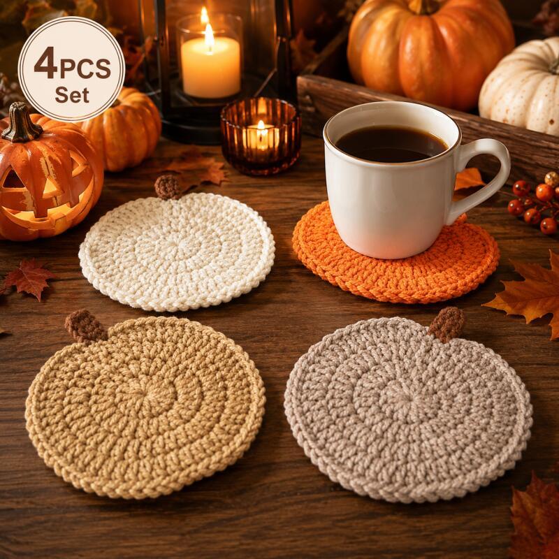 4PCS Crochet Pumpkin Coasters Halloween Fall Table Decor Knit Cup Mats for Coffee Mugs Cup Holders 5