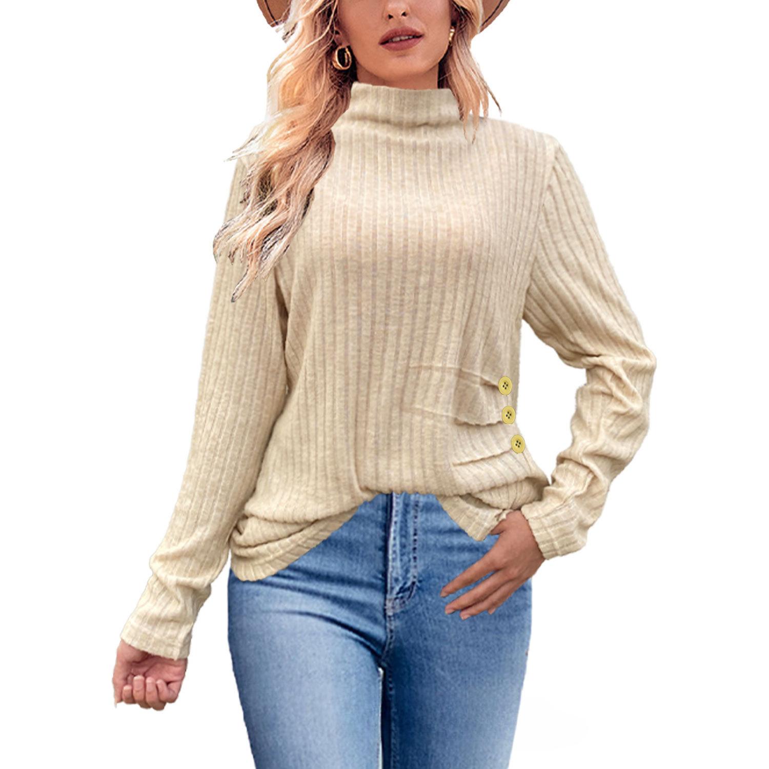 

Women s Fashion Casual Autumn Winter Solid Color Print Long Sleeve Half Turtleneck Blouses & Shirts XXL абрикосовый
