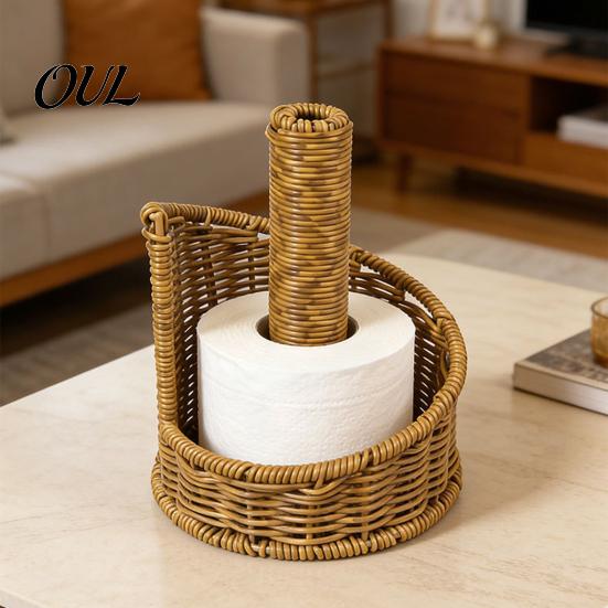 Office Paper Towel Organizer Imitation Rattan Toilet Holder, Round Woven Dispenser, Sturdy Roll Support Boho Tissue for Bathroom Countertop