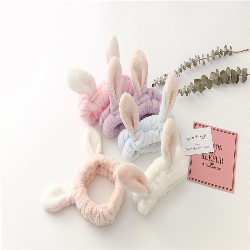 Face Wash Makeup Headband Bow Coral Fleece Rabbit ears Hairbands Women Girls Elastic Hair Bands Soft Turban Hair Accessories
