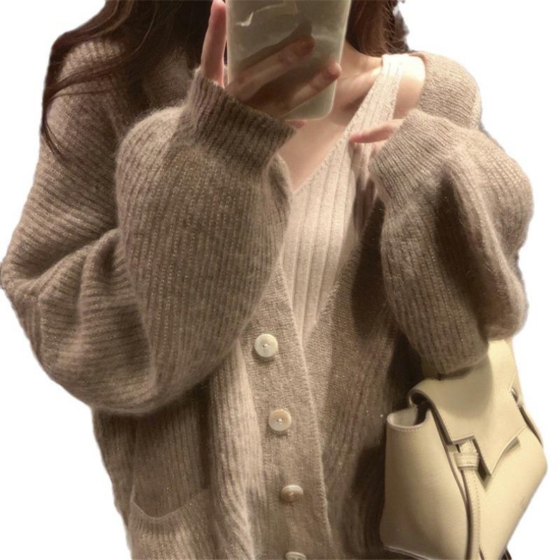 Gentle wind temperament soft waxy knitted cardigan top women's autumn and winter new loose lazy thin sweater jacket