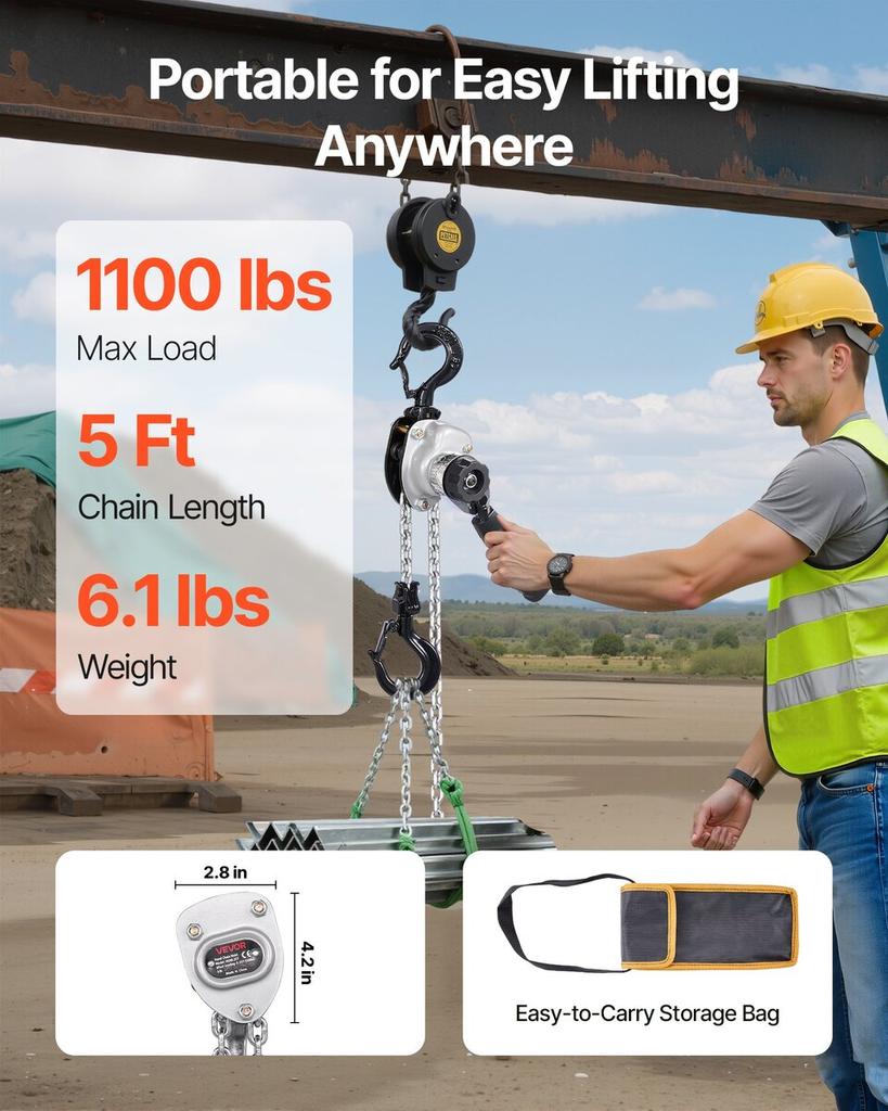 Manual Lever Chain Hoist, 1/2T 500KG Capacity Heavy Duty Come Along, 1.5M Lift G80 Alloy Steel Chain With Dual Pawl Mechanical Brake, 360° Rotating