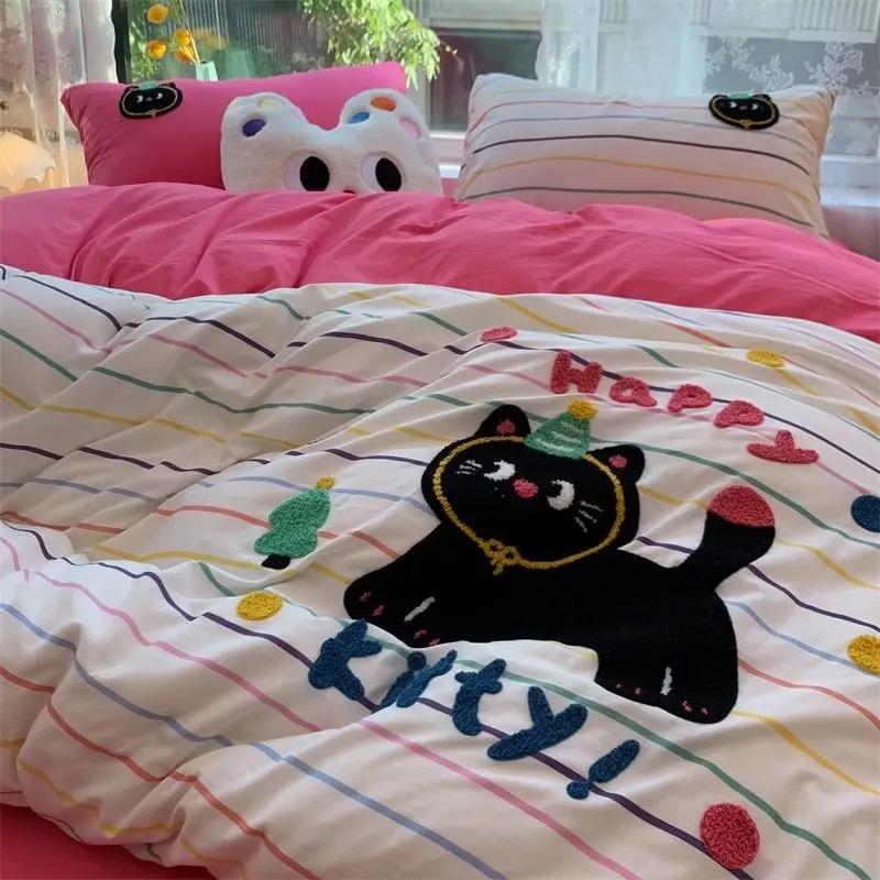 Ložní souprava v korejském stylu Zelený pruh Výšivka černé kočky Praná bavlna Povlak na přikrývku Roztomilý Kartonový Ložní prádlo Sady přikrývek