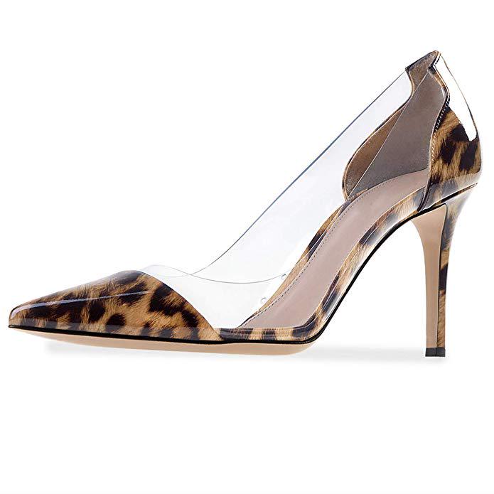 Женские прозрачные туфли-лодочки с острым носом, на высоком каблуке из прозрачного ПВХ, вечерние туфли 42 цветной печати леопарда