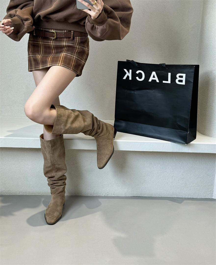 

2025 suede pile boots retro pointed thick heel western cowboy boots sleeve knight boots women s autumn and winter new 40 хаки