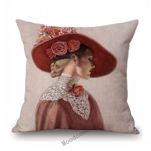 Elegant Lady With Hat Europe Victorian Era Classic Beautiful Woman Oil Painting Linen Sofa Throw Pillow Case Car Cushion Cover