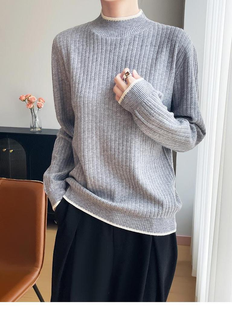 Women's Lace Color Block Knit Pullover - Loose Fit, Half High Collar, Slim Base Layer Top for Autumn/Winter