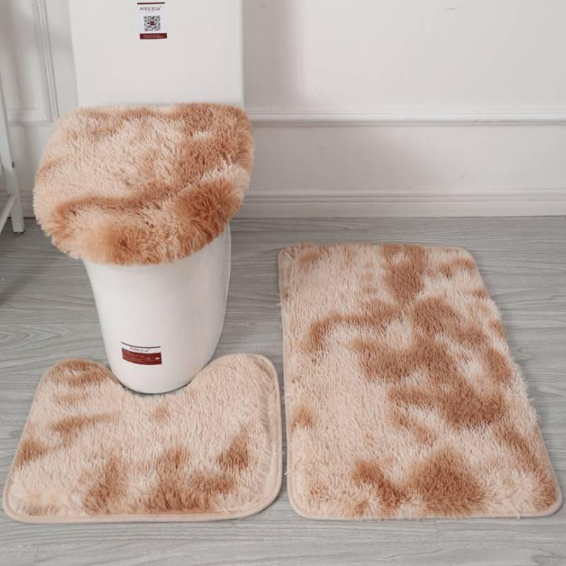 Non Dye Tie Slip Mat Fluffy Plush Bathroom Toilet Seat Cover Carpet 3 Piece Set